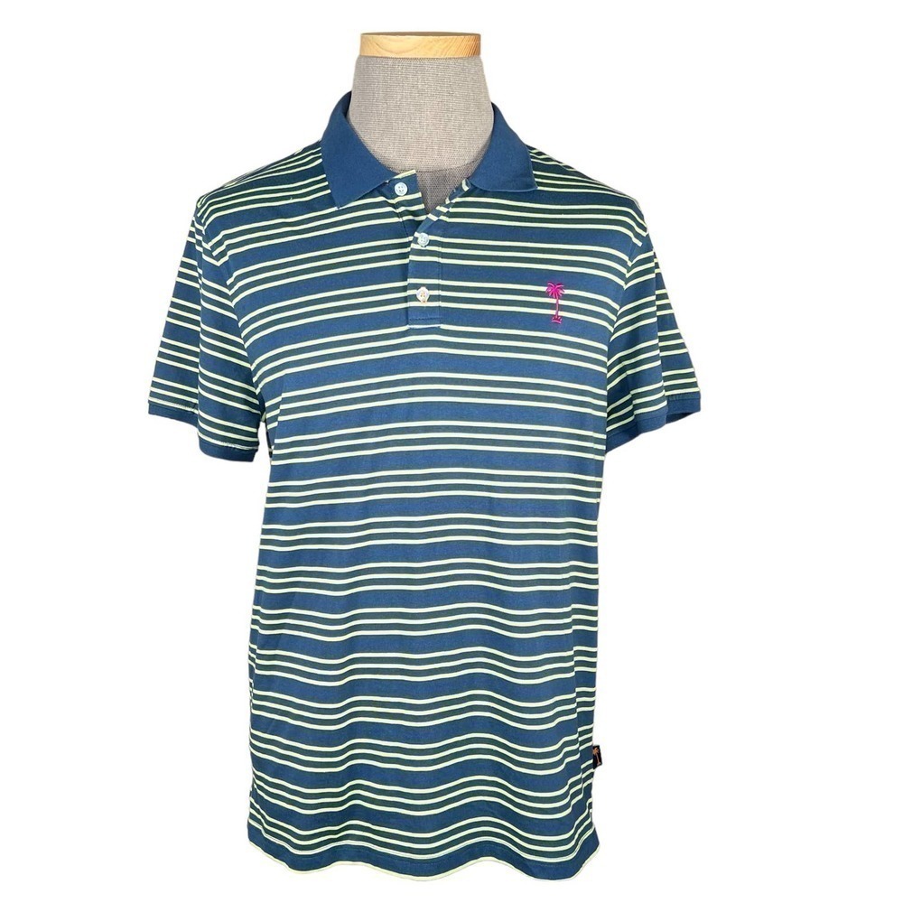 Margaritaville Men's Blue & Chartreuse Striped Polo with UPF +30 Large NWT